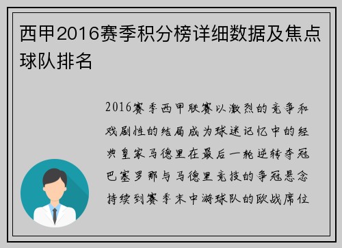 西甲2016赛季积分榜详细数据及焦点球队排名