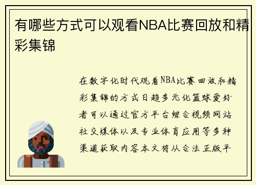 有哪些方式可以观看NBA比赛回放和精彩集锦